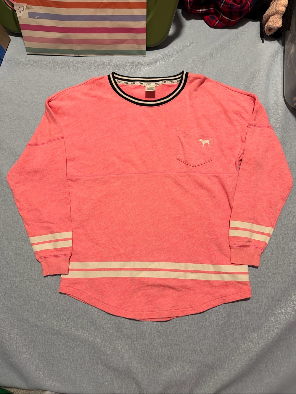 PINK Victoria's Secret Pink Striped Pocket Long-Sleeve Shirt